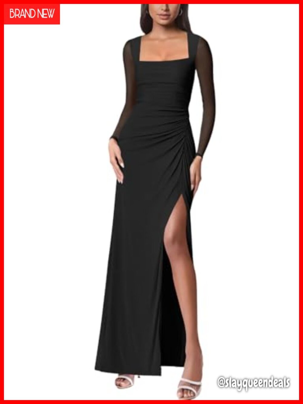 Mesh Long Sleeve Square Neck Ruched Sheath Formal Evening Maxi Dress